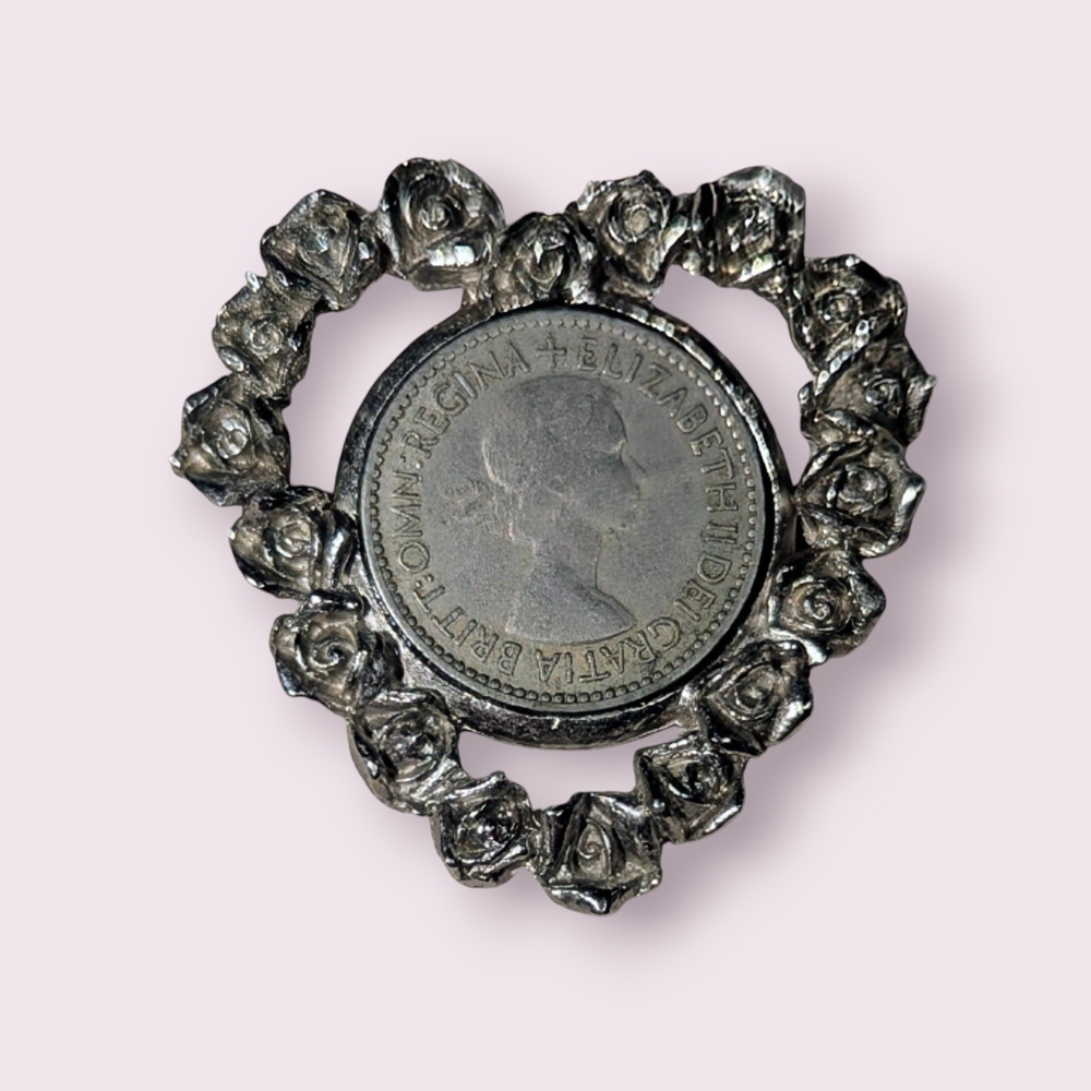 Vintage 1953 Queen Elizabeth II Six Pence Coin Heart Pendant Silver